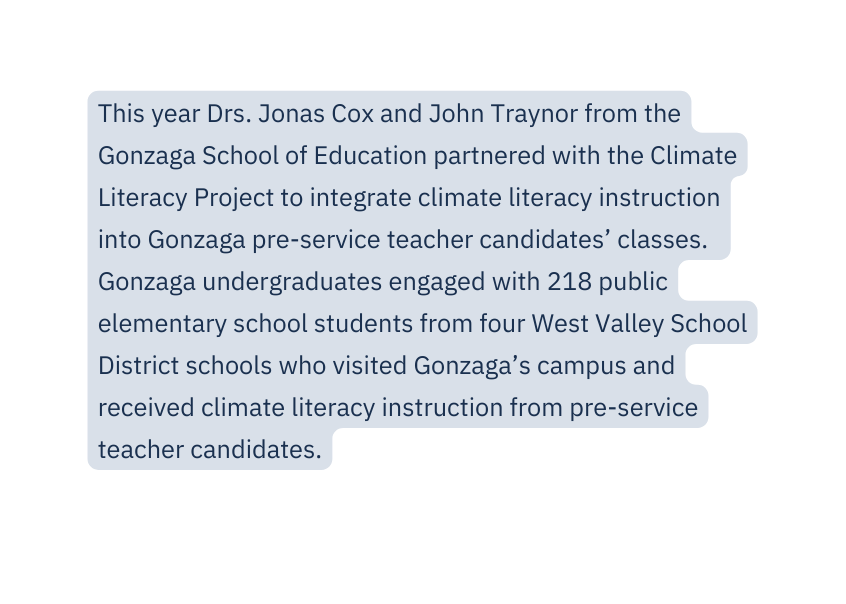 This year Drs Jonas Cox and John Traynor from the Gonzaga School of Education partnered with the Climate Literacy Project to integrate climate literacy instruction into Gonzaga pre service teacher candidates classes Gonzaga undergraduates engaged with 218 public elementary school students from four West Valley School District schools who visited Gonzaga s campus and received climate literacy instruction from pre service teacher candidates